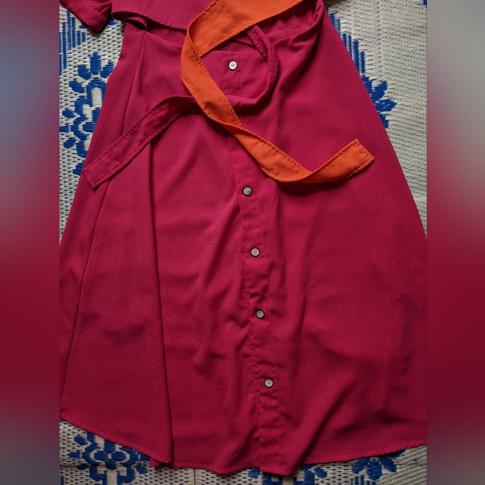 Hot Pink and Orange Colorblock Tie Front Dress with Flowy Button Up Skirt - Picture 2 of 9
